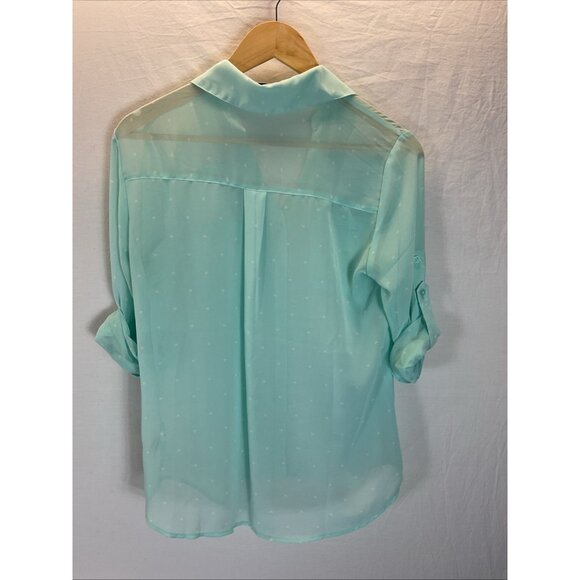 Express The Portofino Shirt Womens Small Turquoise Sheer White polka dot - Picture 2 of 8